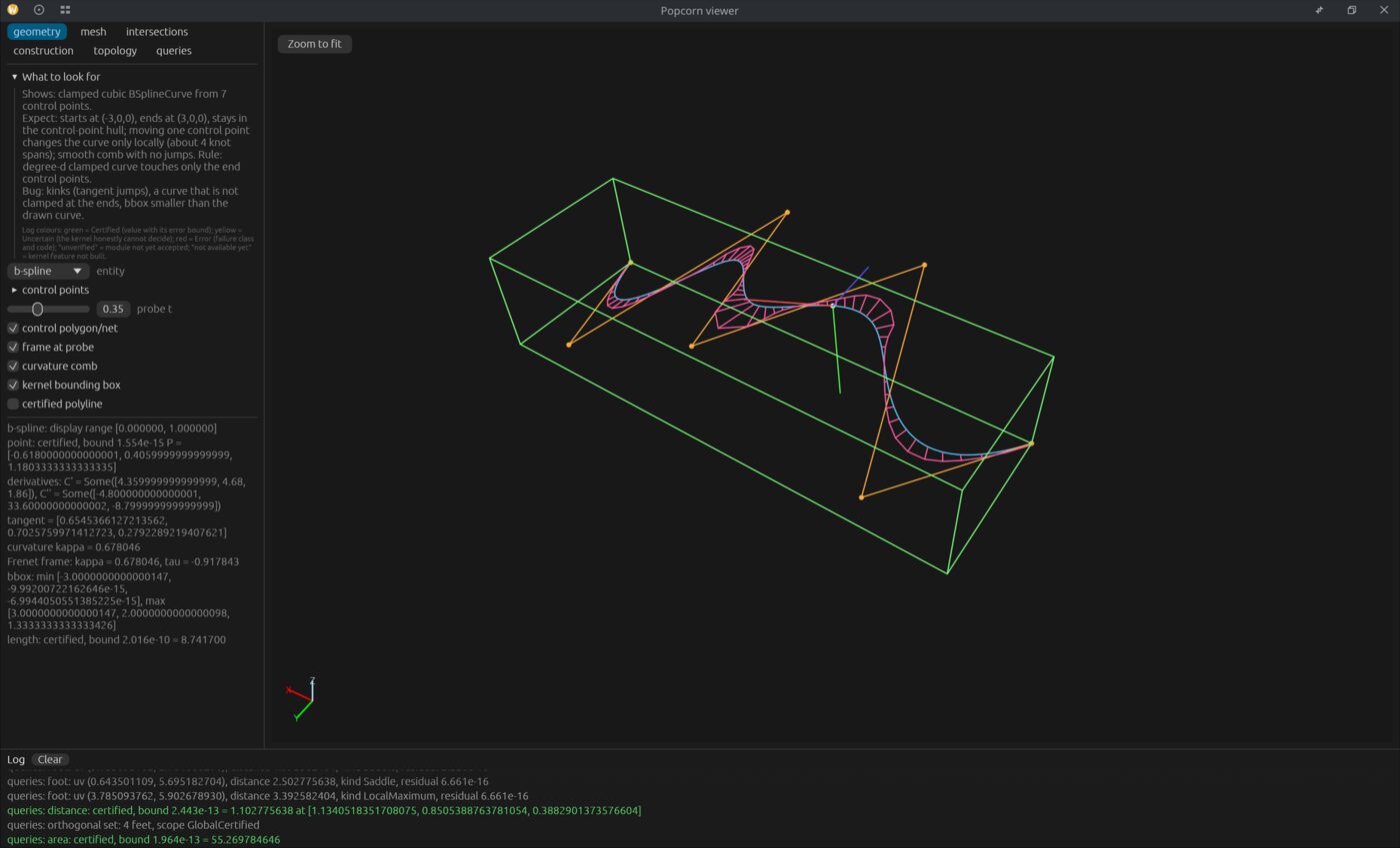 The Popcorn viewer showing a spline curve with its control points, curvature comb and bounding box