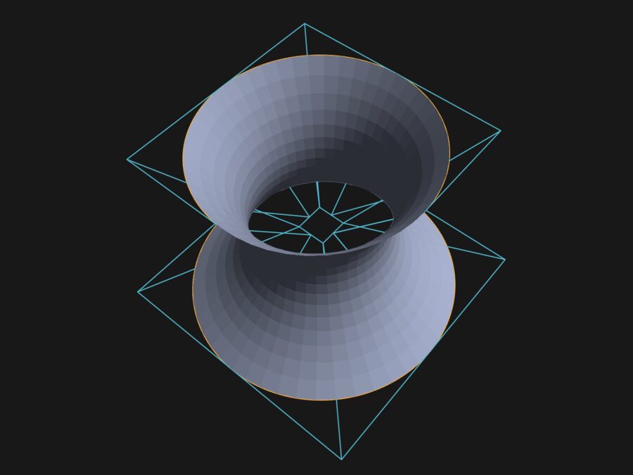 A curved surface shaped like an hourglass, with its control net drawn around it