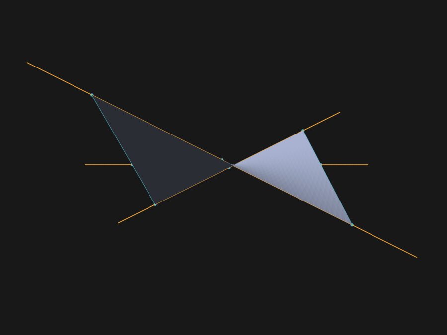 Two triangular surface patches meeting at a single point between crossing lines